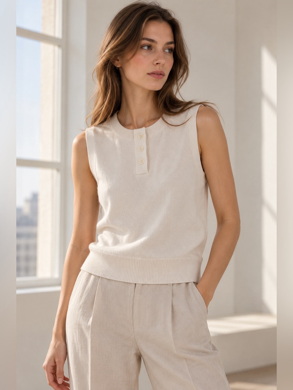 Vince Cream Sleeveless Henley Crewneck Sweater Vest Top